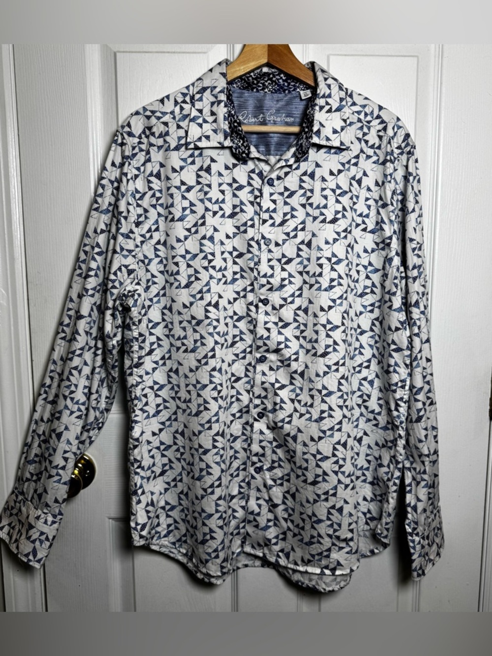 Robert Graham Classic Fit XL Navy White Geometric Print Button Down 100% Cotton